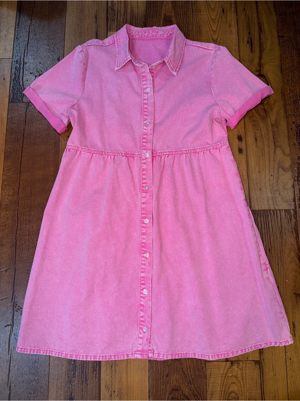 NWOT- Women’s Casual Short Sleeve Pink Tiered Denim Babydoll Dress- Medium - Picture 7 of 11